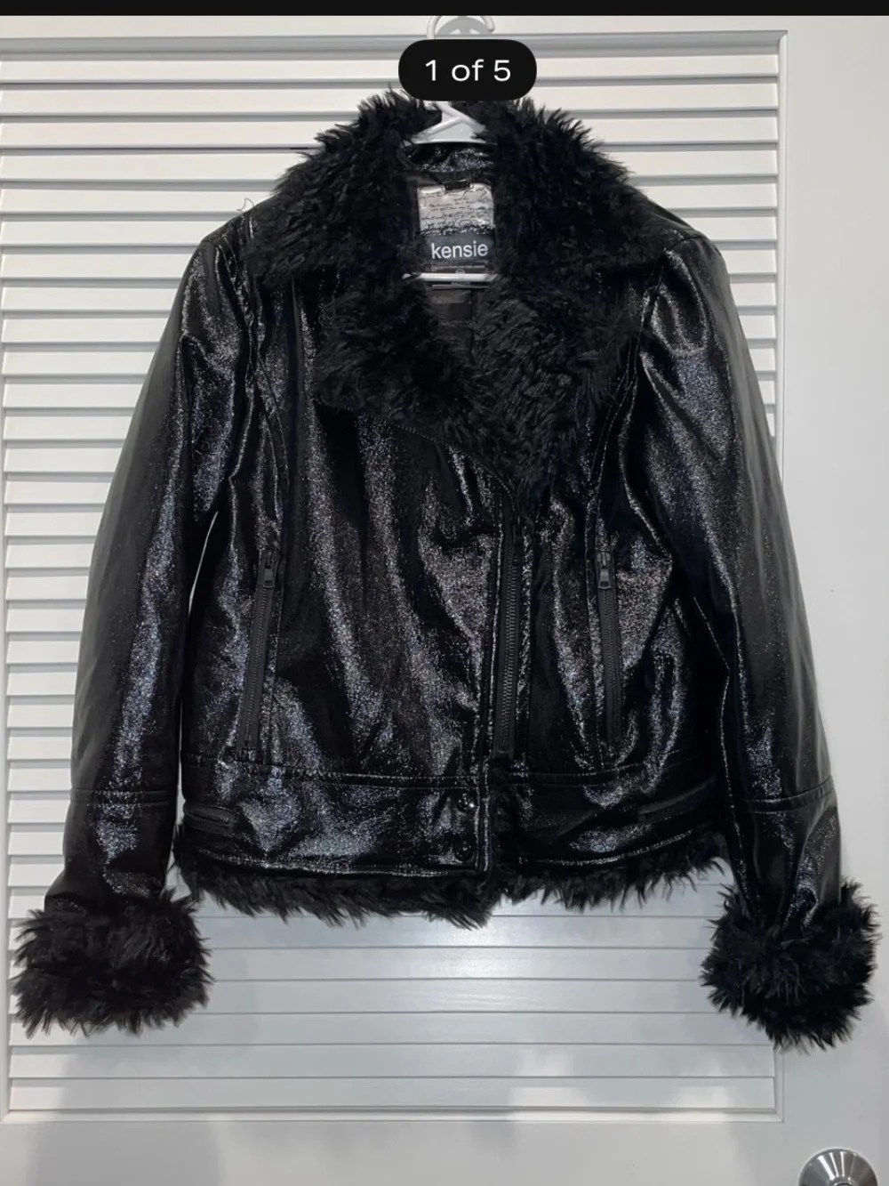 Kensie Black Faux Leather Jacket with Faux Fur Trim